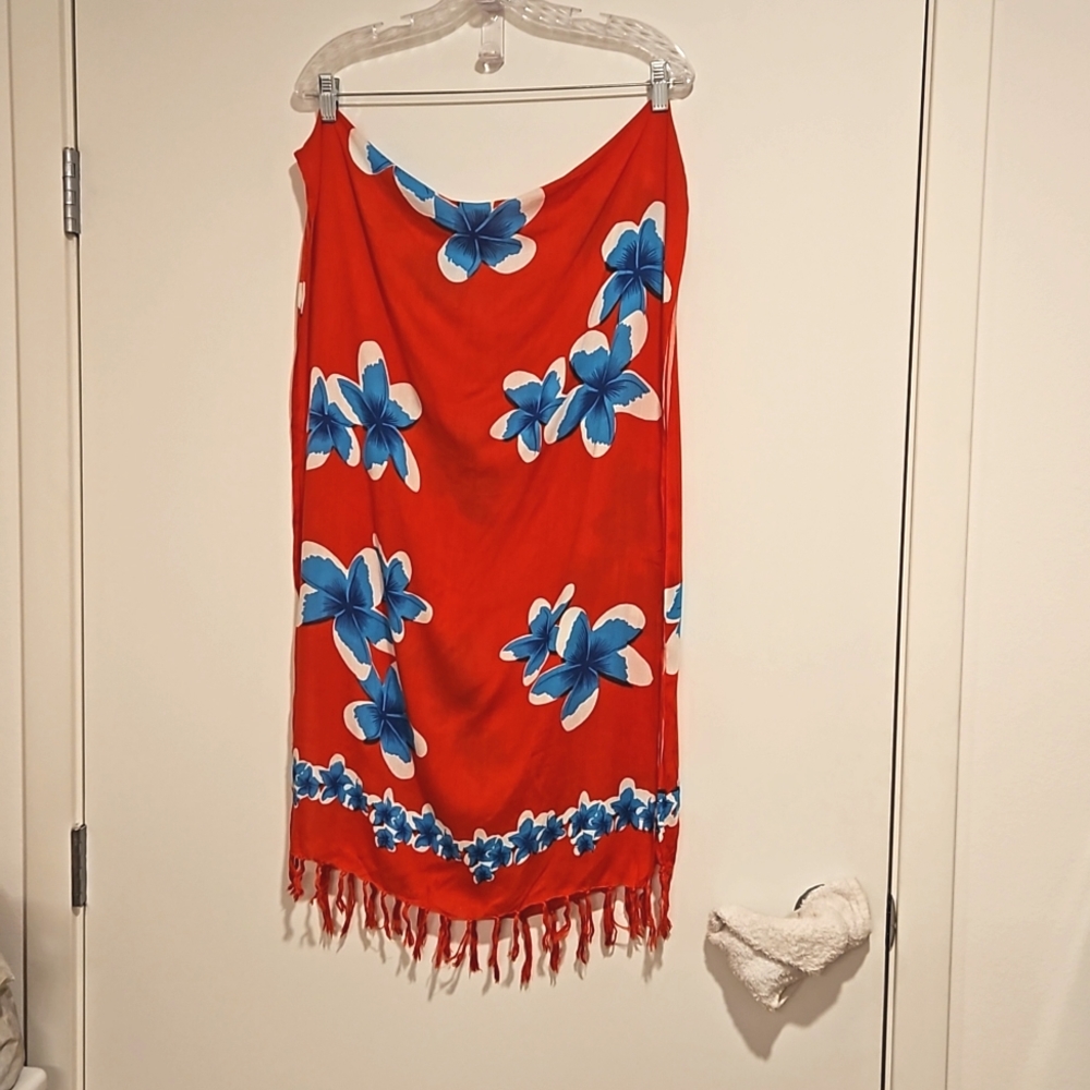Tropical flower print wrap sarong pareo with fringe Hawai'i cover up like new - Picture 2 of 6